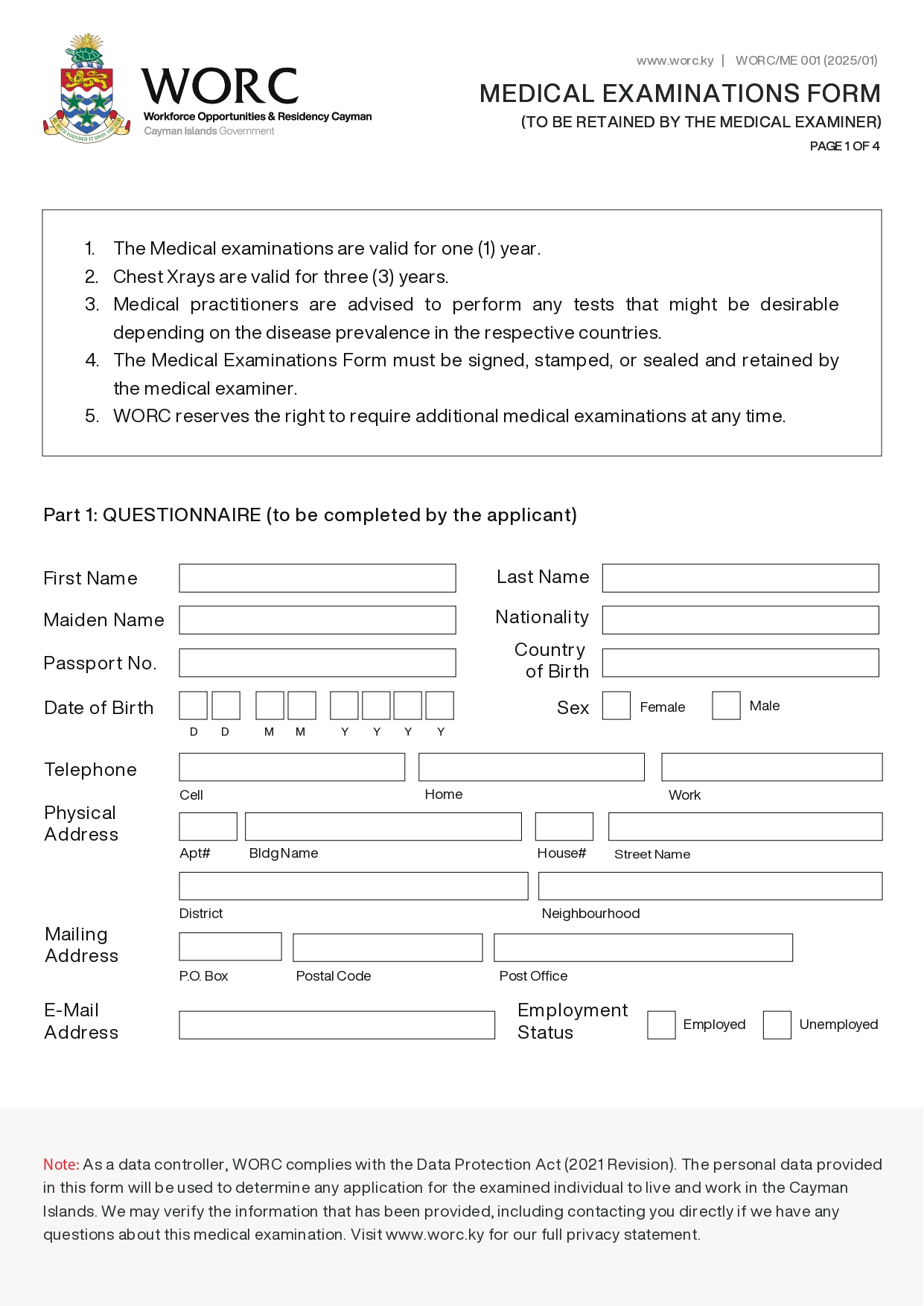 WORC Medical Examination Form Page 1