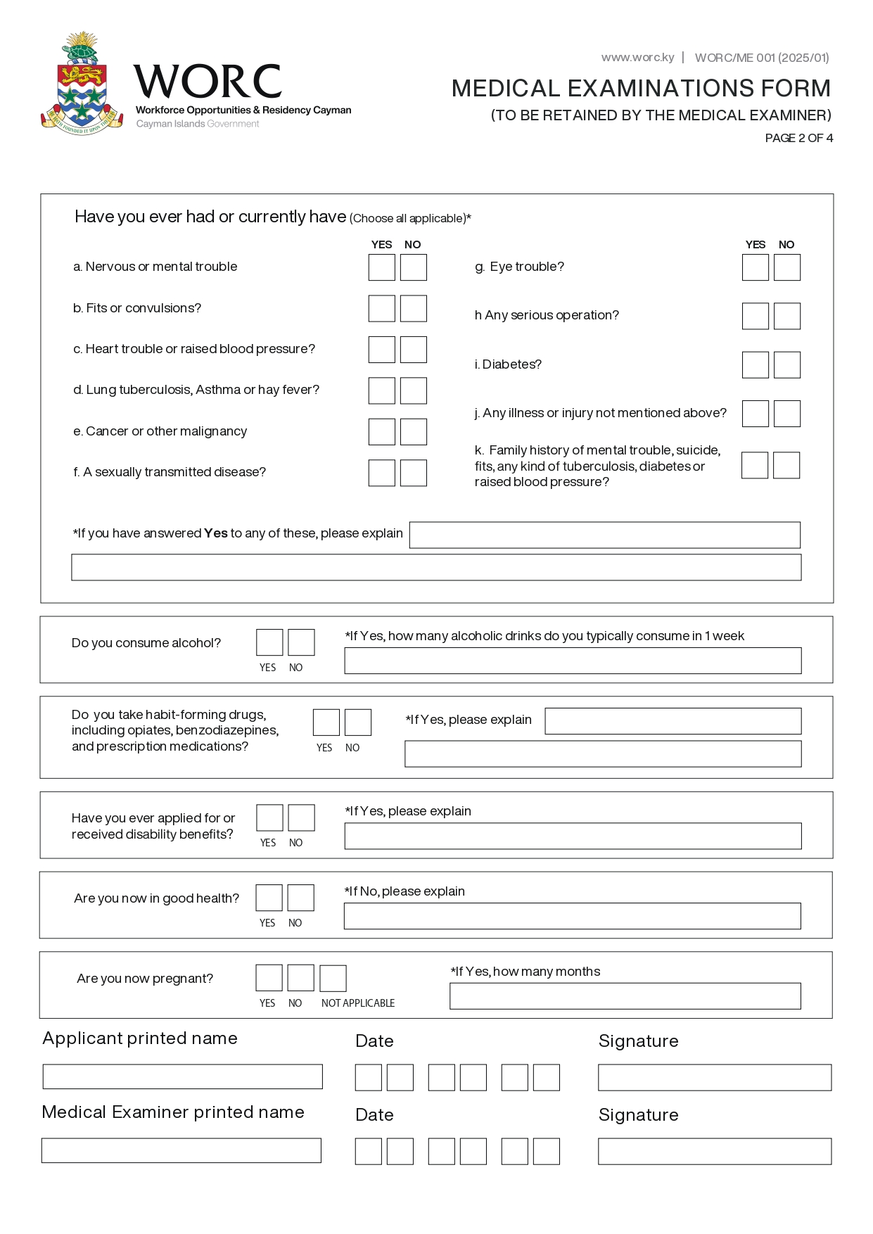 WORC Medical Examination Form Page 2